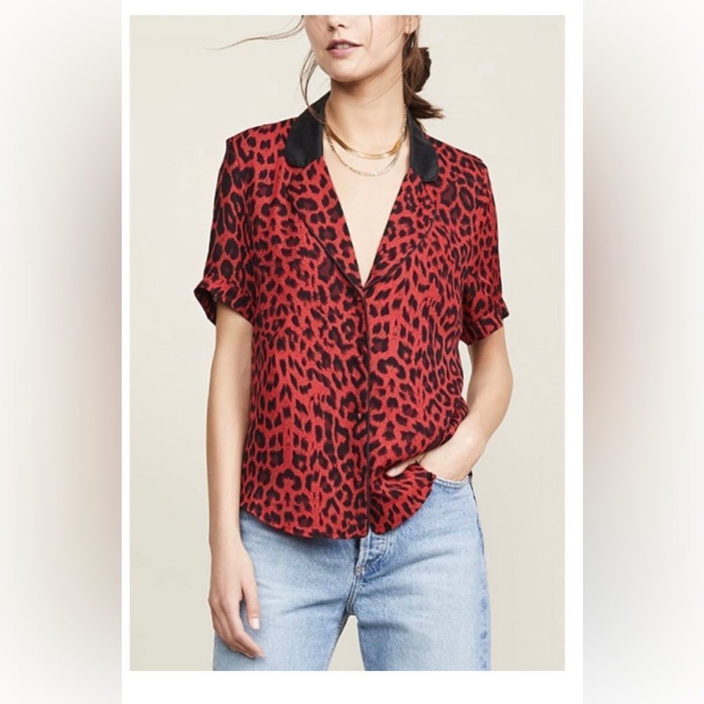 RtA Road to Awe 100% Silk Flynn blouse in Red Leopard XS